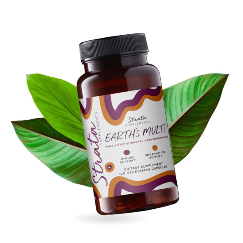 Earth's Multivitamin, opaque glass bottle, Strata Supplements label with leaves behind it