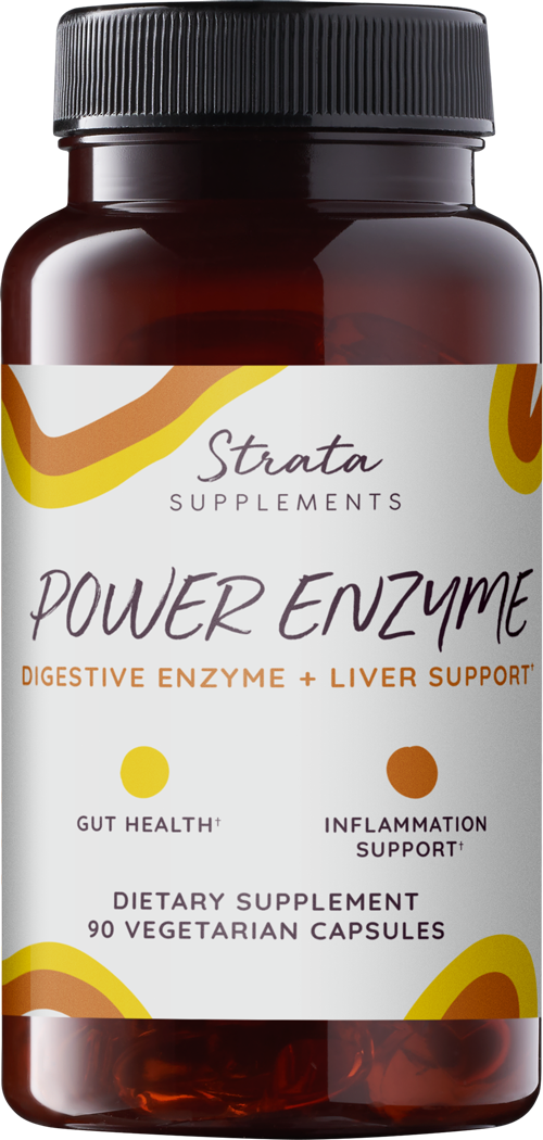 Glass pill bottle of Power Enzyme, Digestive Enzymes, Gut and Liver Support