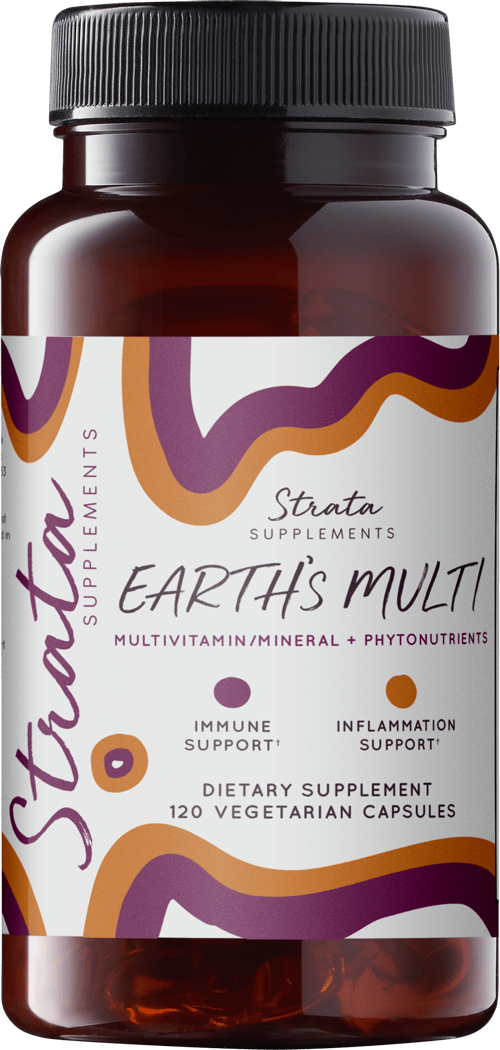 Glass pill bottle with Earth's Multi label on it, Earth's Multivitamin, Washington DC