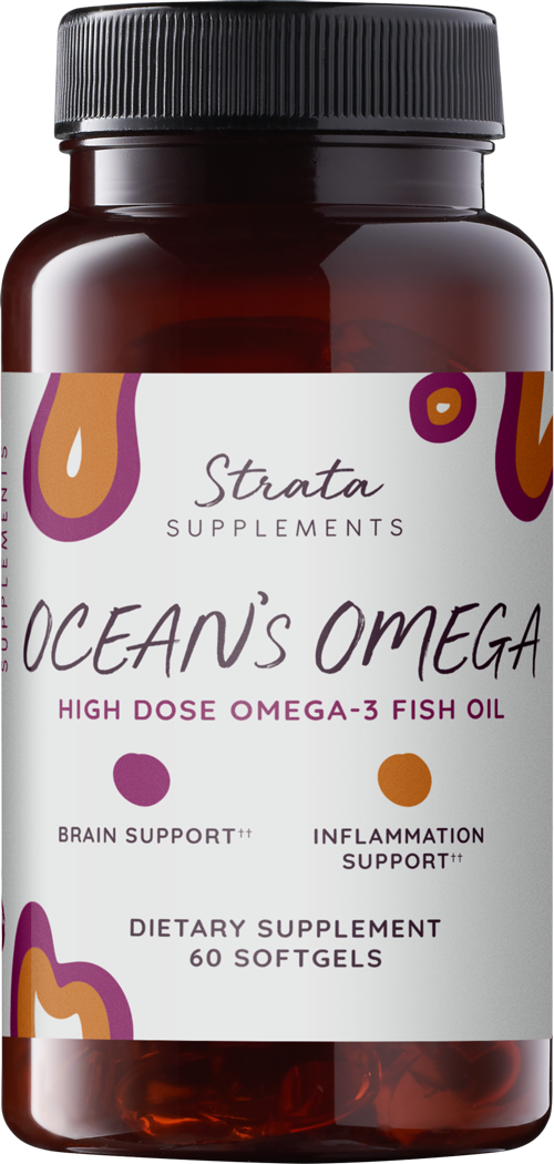 Glass pill bottle of Oceans Omega Fish Oil